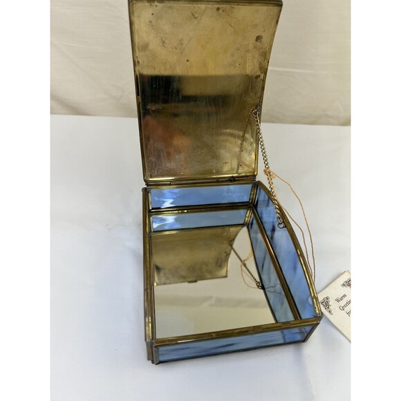 Vtg Via Vermont Sailboat Jewelry Trinket Box Cobalt Blue Glass Mirrored Brass - Picture 7 of 12